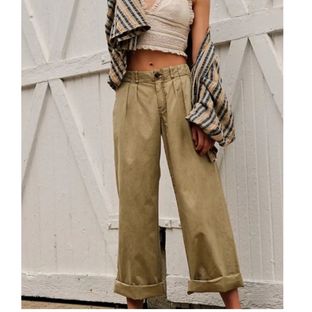 Free People Marina Low Rise Pleated Cuffed Hem Wide Leg Washed Trouser Pants